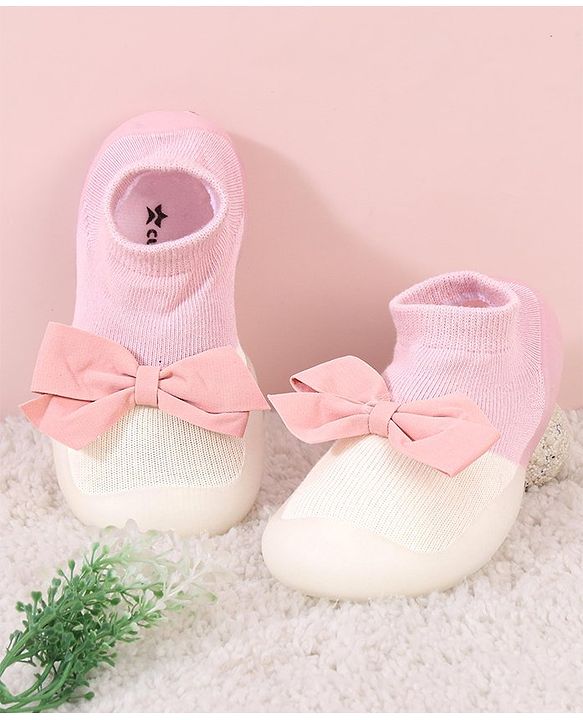 Cute Walk by Babyhug Sock Shoes with Bow- Pink