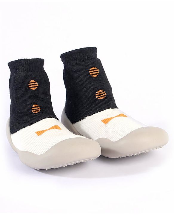Cute Walk by Babyhug Slip On Sock Shoes Bow Design- Black Yellow & White