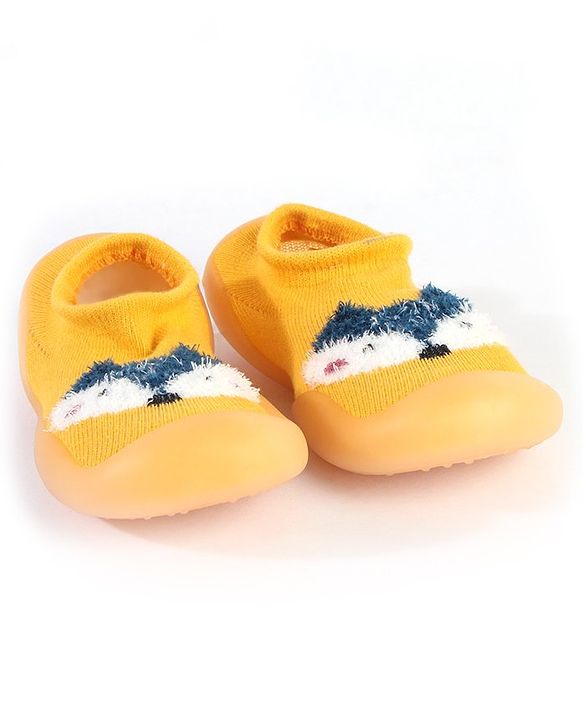 Cute Walk by Babyhug Solid Color Socks Shoe with Fox Design - Yellow