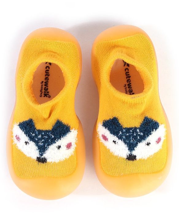 Cute Walk by Babyhug Solid Color Socks Shoe with Fox Design - Yellow