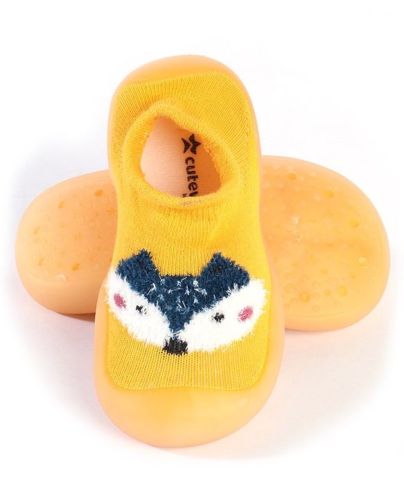 Cute Walk by Babyhug Solid Color Socks Shoe with Fox Design - Yellow