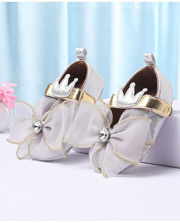Cute Walk by Babyhug Party Wear Booties Studded Bow Applique - Sliver