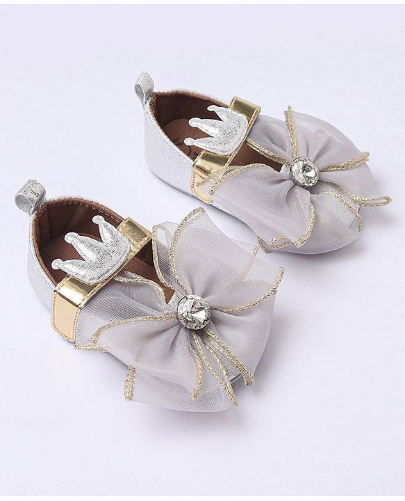 Cute Walk by Babyhug Party Wear Booties Studded Bow Applique - Sliver