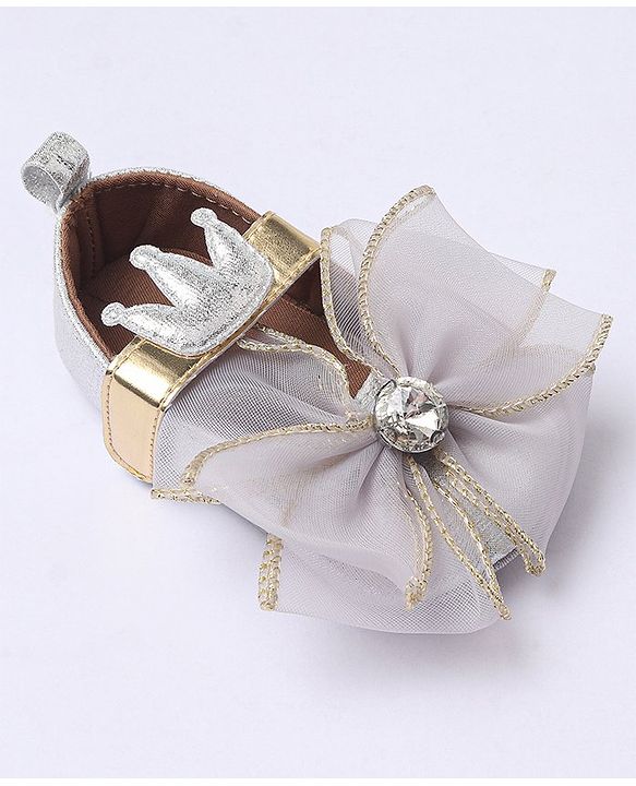 Cute Walk by Babyhug Party Wear Booties Studded Bow Applique - Sliver