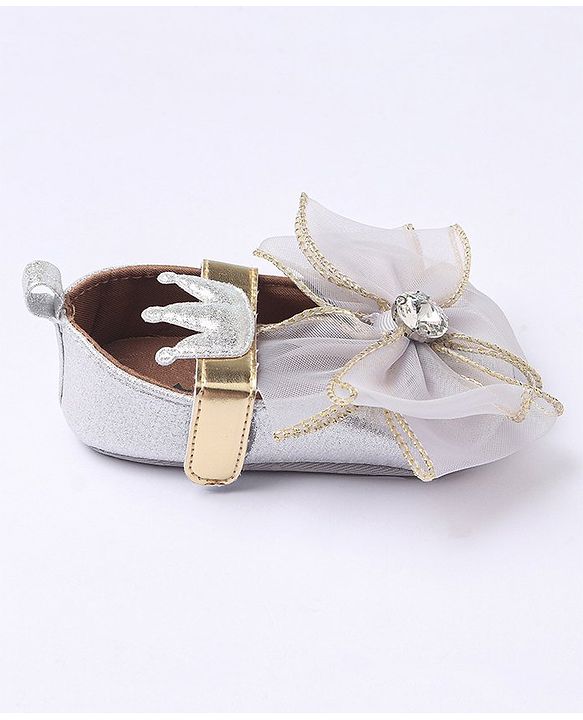 Cute Walk by Babyhug Party Wear Booties Studded Bow Applique - Sliver