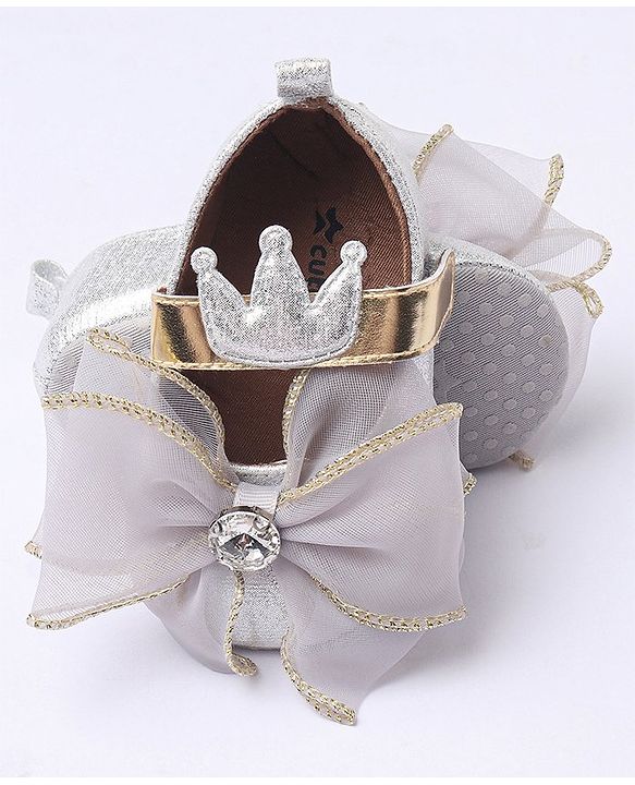 Cute Walk by Babyhug Party Wear Booties Studded Bow Applique - Sliver