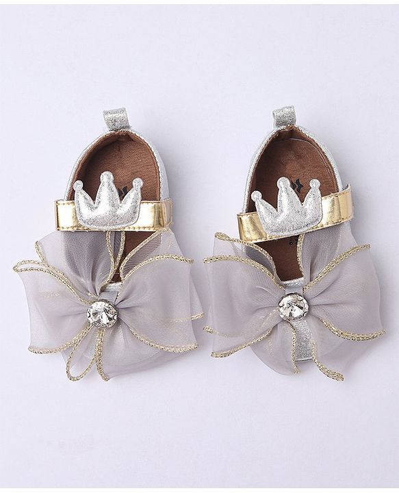 Cute Walk by Babyhug Party Wear Booties Studded Bow Applique - Sliver