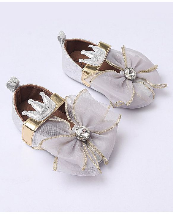 Cute Walk by Babyhug Party Wear Booties Studded Bow Applique - Sliver