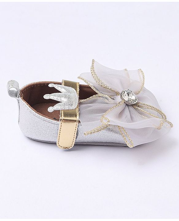 Cute Walk by Babyhug Party Wear Booties Studded Bow Applique - Sliver