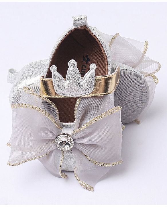 Cute Walk by Babyhug Party Wear Booties Studded Bow Applique - Sliver