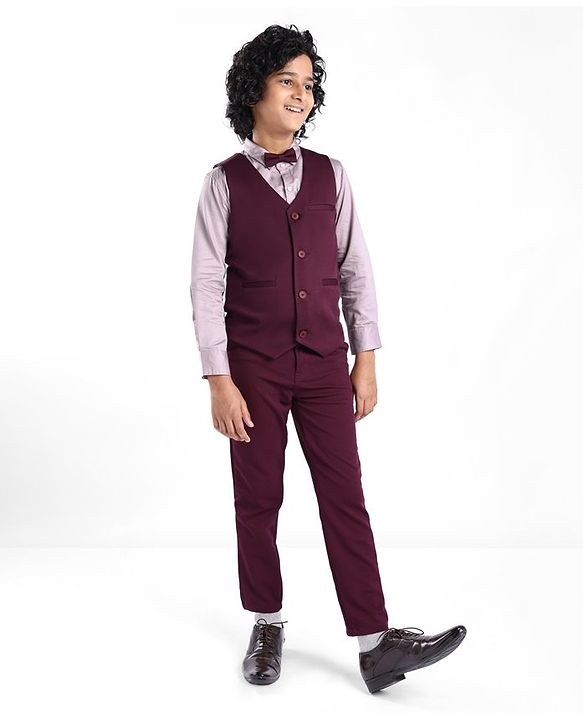Pine Kids Full Sleeves Solid Color Party Suit With Bow - Wine
