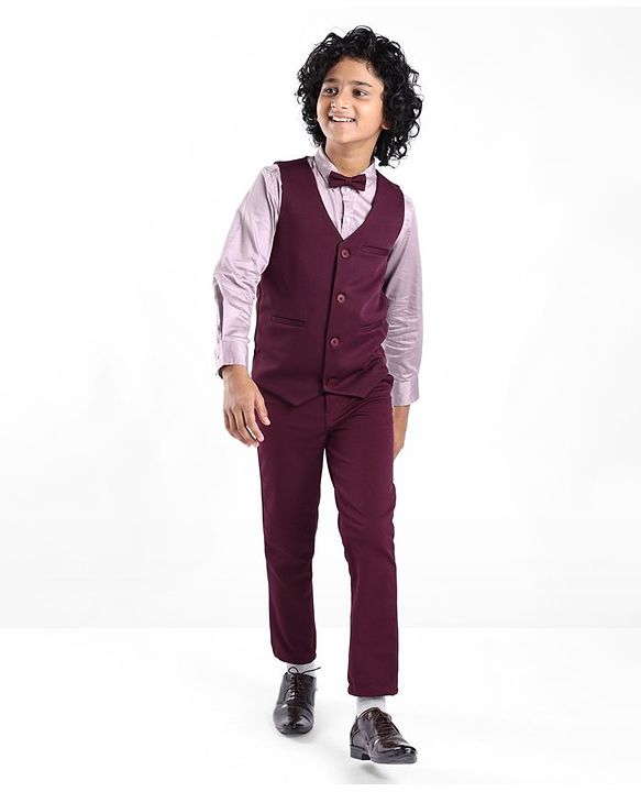 Pine Kids Full Sleeves Solid Color Party Suit With Bow - Wine