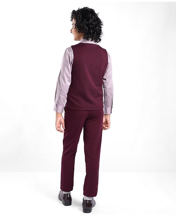 Pine Kids Full Sleeves Solid Color Party Suit With Bow - Wine
