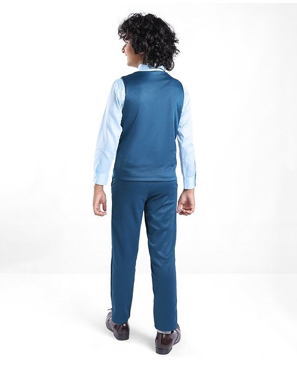 Pine Kids Full Sleeves Party Suit With Bow Solid Colour - Teal Blue