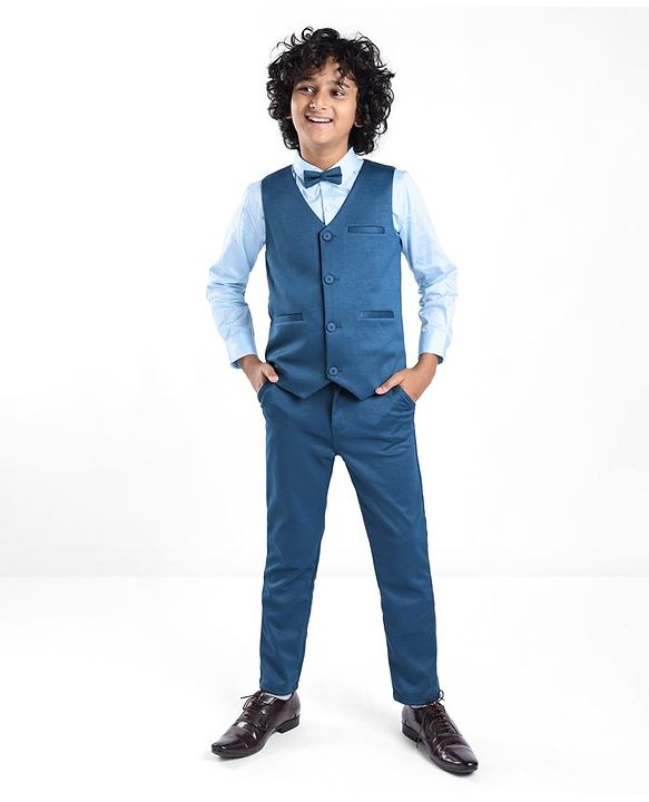 Pine Kids Full Sleeves Party Suit With Bow Solid Colour - Teal Blue