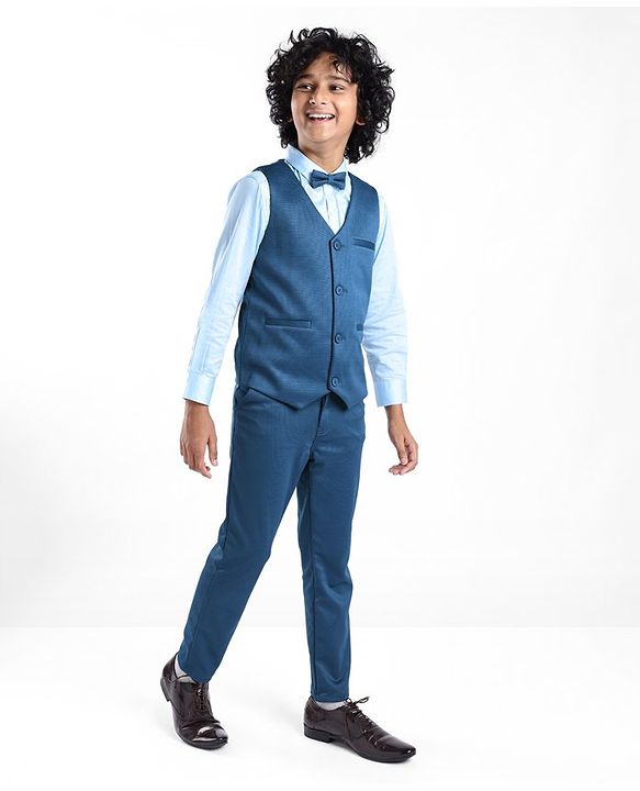 Pine Kids Full Sleeves Party Suit With Bow Solid Colour - Teal Blue