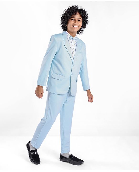 Pine Kids Full Sleeves Party Suit With Bow Solid Colour- Sky Blue