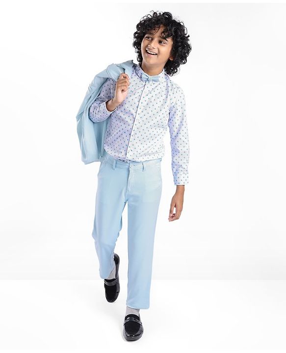 Pine Kids Full Sleeves Party Suit With Bow Solid Colour- Sky Blue