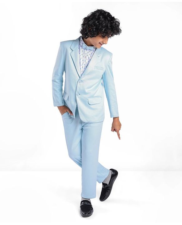 Pine Kids Full Sleeves Party Suit With Bow Solid Colour- Sky Blue