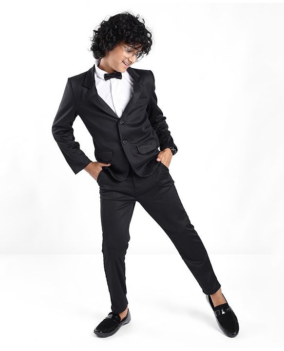 Pine Kids Full Sleeves 3 Pieces Party Suit With Bow Solid Colour - Black & White
