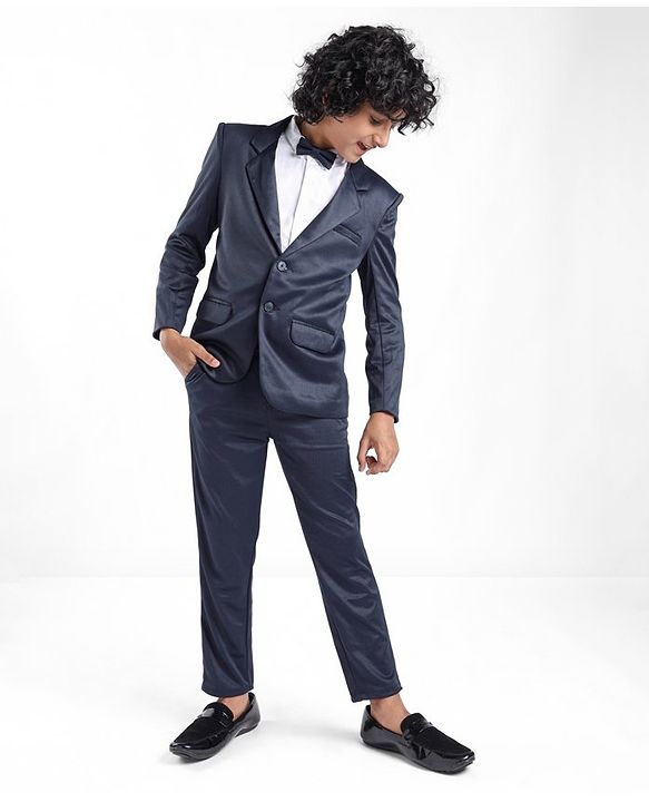 Pine Kids Full Sleeves 4 Pieces Party Suit With Bow Solid Colour - Navy Blue