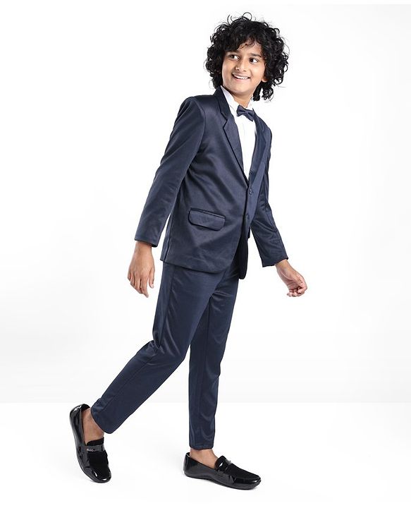 Pine Kids Full Sleeves 4 Pieces Party Suit With Bow Solid Colour - Navy Blue