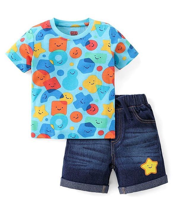 Babyhug Single Jersey Knit Half Sleeves T-Shirt & Denim Shorts Set With Geometrical Shapes Print - Blue