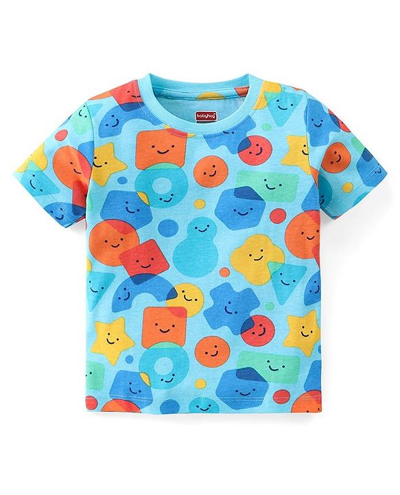 Babyhug Single Jersey Knit Half Sleeves T-Shirt & Denim Shorts Set With Geometrical Shapes Print - Blue