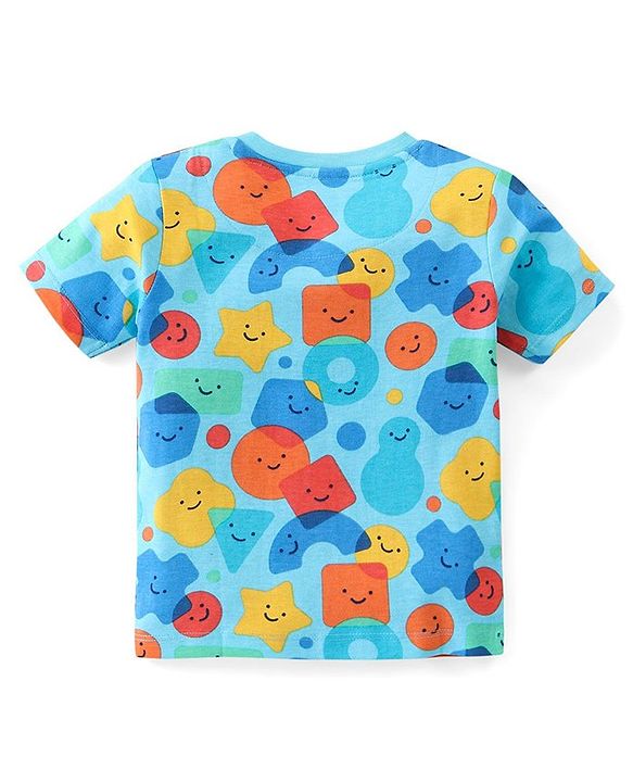 Babyhug Single Jersey Knit Half Sleeves T-Shirt & Denim Shorts Set With Geometrical Shapes Print - Blue