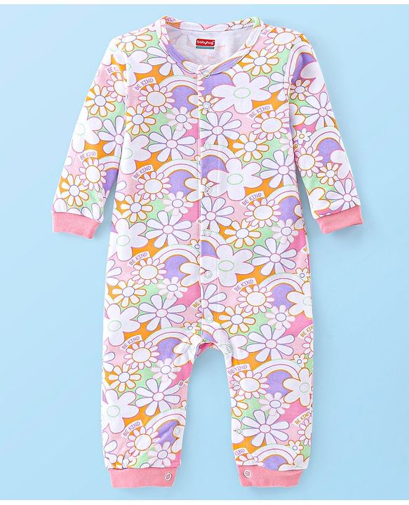 Babyhug 100% Cotton Knit Full Sleeves Floral Print Romper - Pink