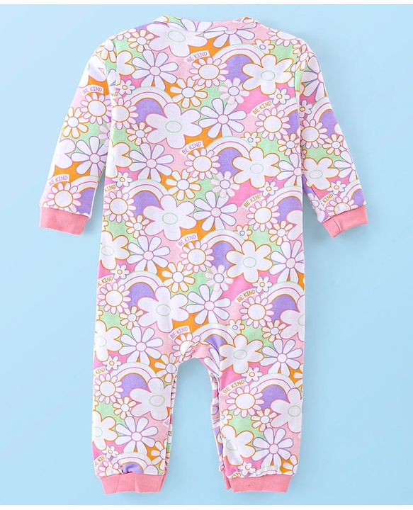 Babyhug 100% Cotton Knit Full Sleeves Floral Print Romper - Pink
