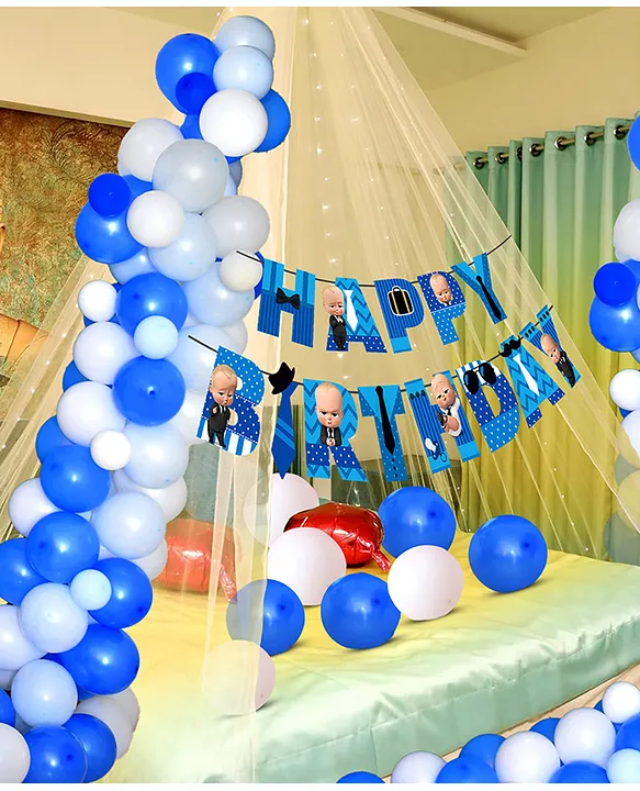 Happy Birthday Decoration Set With White Net Decoration, Blue