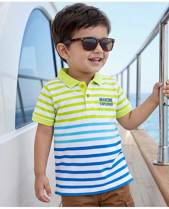 Babyhug 100% Cotton Knit Half Sleeves Striped Polo T-Shirt with Embroidery Detailing- Multicolor