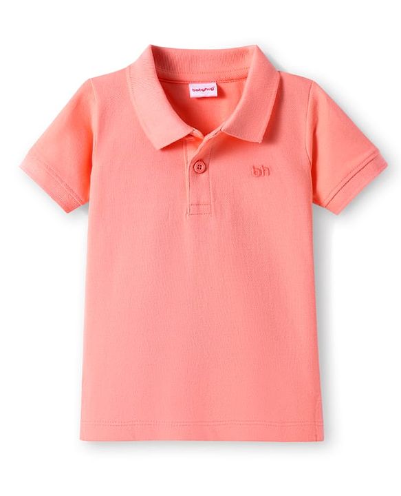 Babyhug 100% Cotton Knit Half Sleeves Solid Colour Polo T-Shirt - Peach