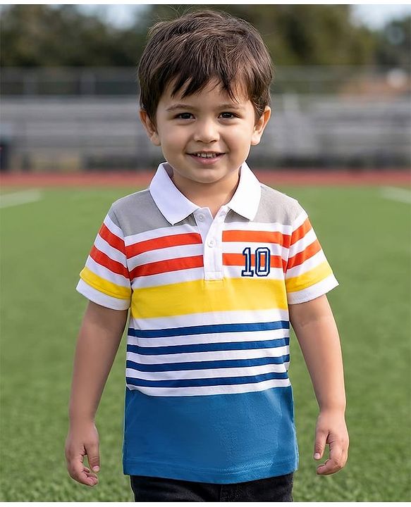 Babyhug 100% Cotton Knit Half Sleeves Stripes Polo T-Shirt  with Graphics - Multicolour