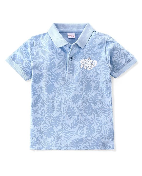Babyhug Cotton Knit Half Sleeves Polo T-Shirt Tropical  Print- Light Blue