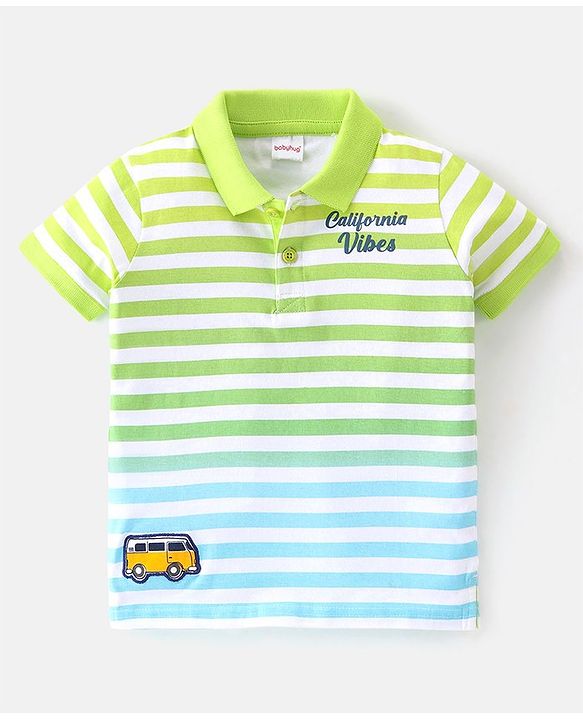 Babyhug 100% Cotton Knit Half Sleeves Polo T-Shirt With Striped & Van Patch - White Green & Blue
