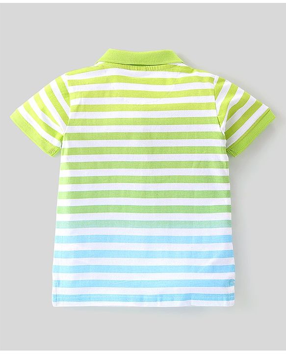 Babyhug 100% Cotton Knit Half Sleeves Polo T-Shirt With Striped & Van Patch - White Green & Blue