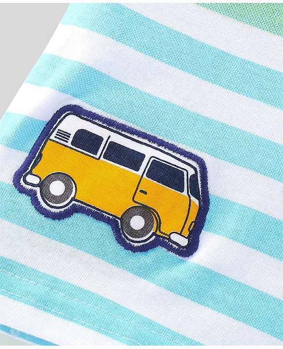 Babyhug 100% Cotton Knit Half Sleeves Polo T-Shirt With Striped & Van Patch - White Green & Blue