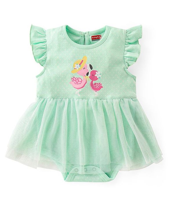 Babyhug 100% Cotton Knit Frill Sleeves Flamingo Printed Frock Style Onesie - Green