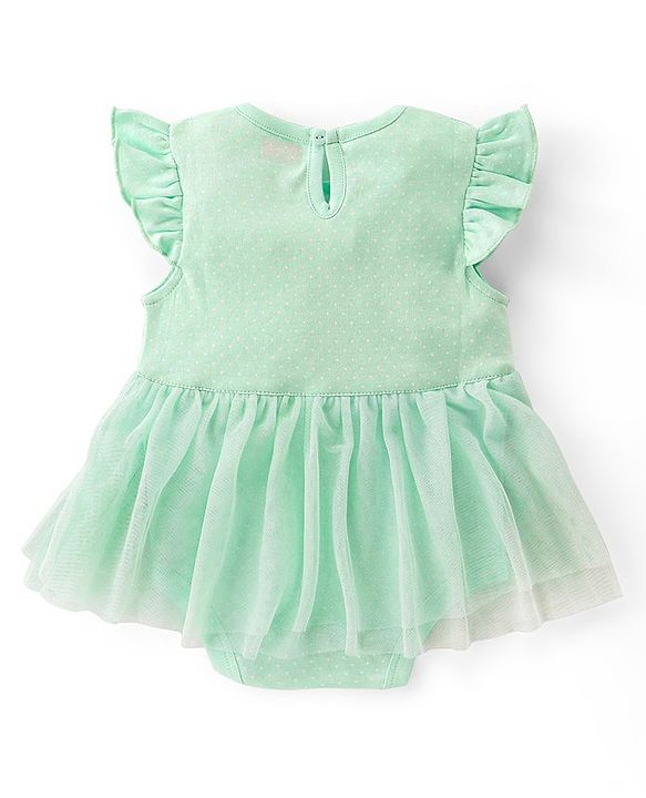 Babyhug 100% Cotton Knit Frill Sleeves Flamingo Printed Frock Style Onesie - Green