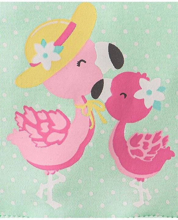 Babyhug 100% Cotton Knit Frill Sleeves Flamingo Printed Frock Style Onesie - Green