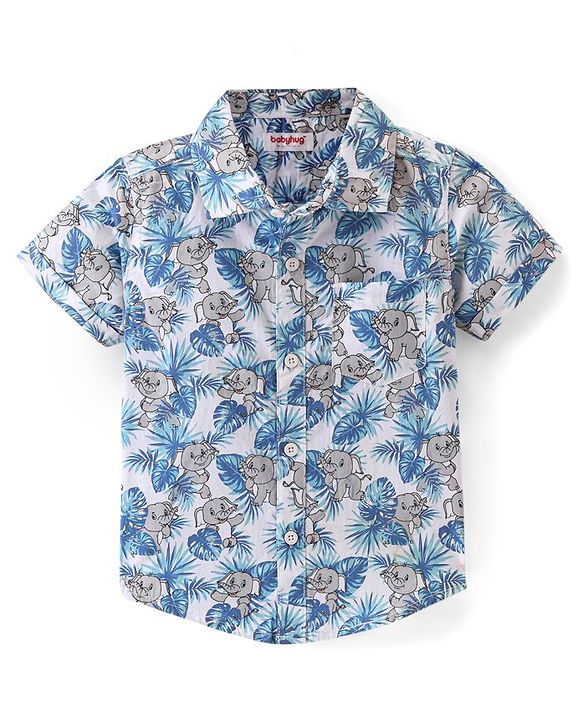 Babyhug Cotton Woven Half Sleeves Regular Collar Elephant Printed Shirt - White & Blue