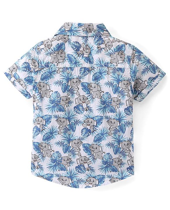 Babyhug Cotton Woven Half Sleeves Regular Collar Elephant Printed Shirt - White & Blue
