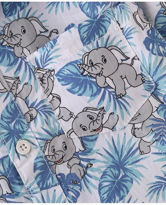 Babyhug Cotton Woven Half Sleeves Regular Collar Elephant Printed Shirt - White & Blue