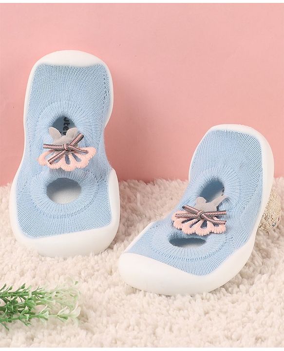 Cute Walk by Babyhug Sock Shoes With Floral Applique - Blue