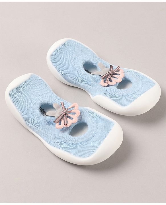 Cute Walk by Babyhug Sock Shoes With Floral Applique - Blue