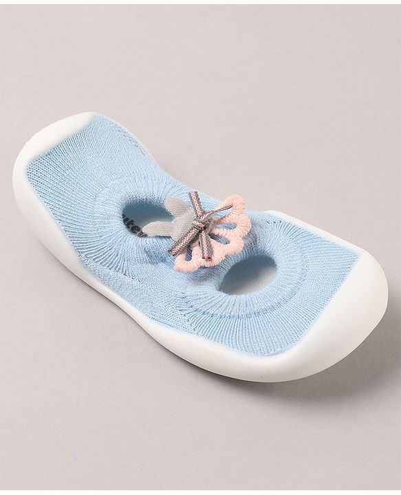 Cute Walk by Babyhug Sock Shoes With Floral Applique - Blue
