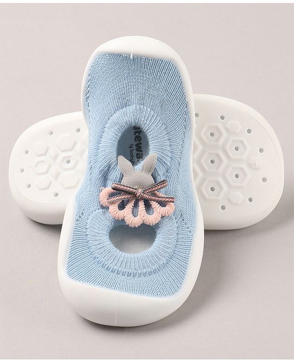 Cute Walk by Babyhug Sock Shoes With Floral Applique - Blue