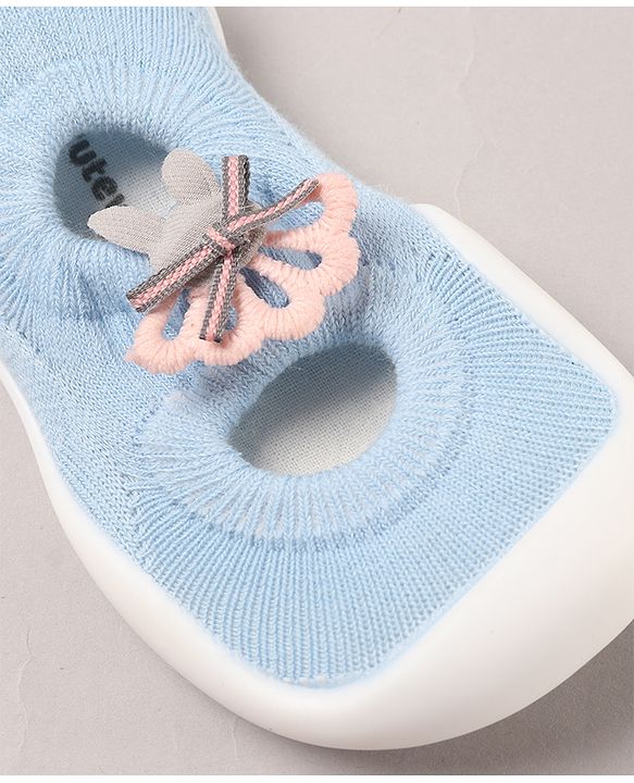 Cute Walk by Babyhug Sock Shoes With Floral Applique - Blue